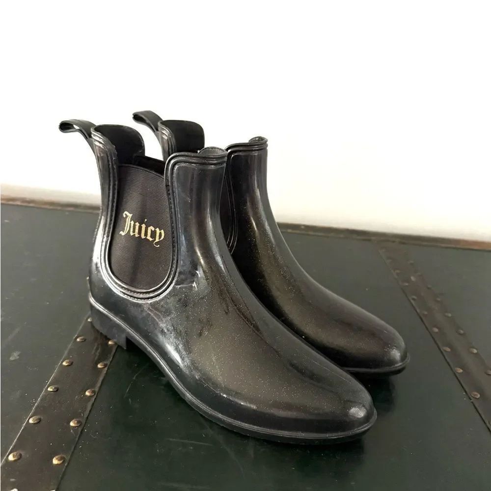 Juicy Couture Los Angeles California Rain Boots Black with Gold Metallic Size 9